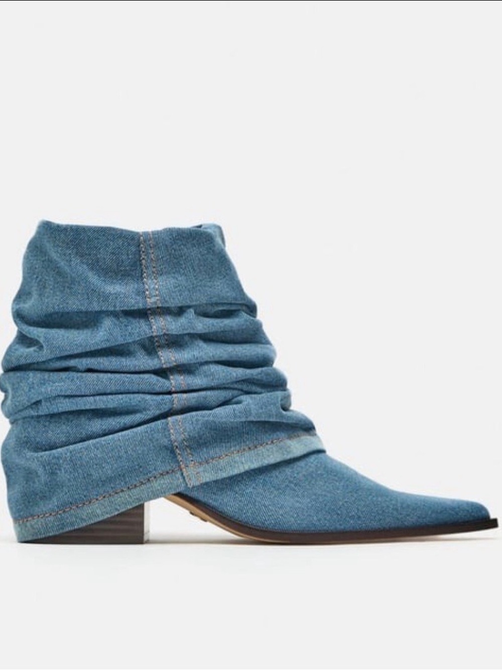 {ZARA} Ruched Denim Slouchy Pointed-Toe Ankle Boots
